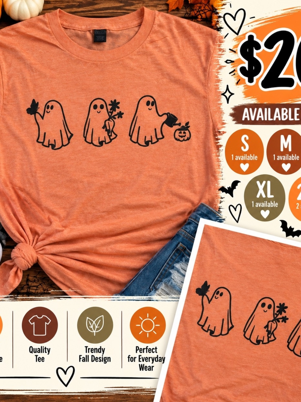 Halloween Ghost Trio T-Shirt - Orange